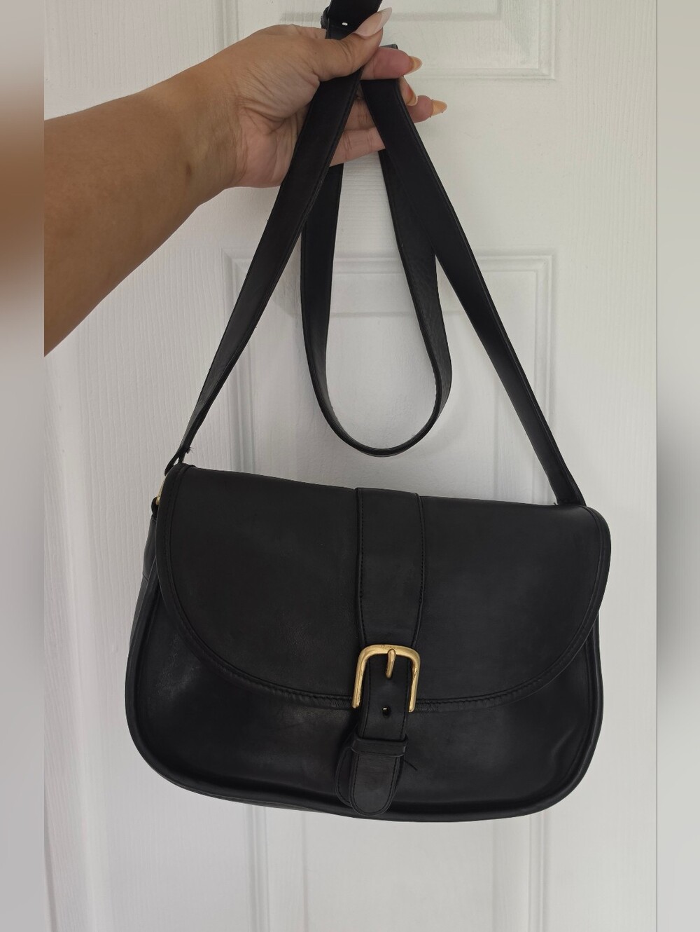 Coach Vintage KENSINGTON Black Leather Bag with Gold Buckle Accent